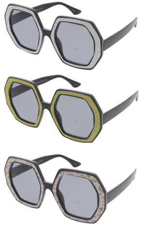 Large Oversized Plastic Glittery Design Heptagon Geometric Wholesale Sunglasses