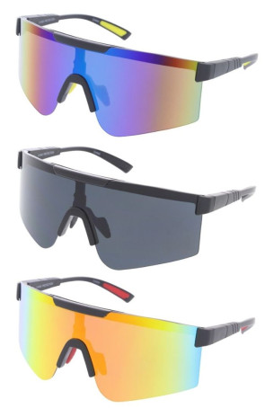 Active Two Tone Arm Semi Rimless Mirrored Lens Sporty Shield Wholesale Sunglasses