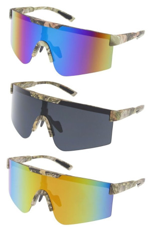 Camouflage Active Two Tone Arm Semi Rimless Mirrored Lens Sporty Shield Wholesale Sunglasses