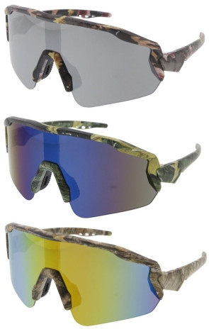 Camouflage Large Semi-Rimless Mirrored Lens Sporty Wraparound Shield Wholesale Sunglasses