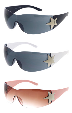 Sleek Wraparound Star Accent Sporty Shield Wholesale Sunglasses