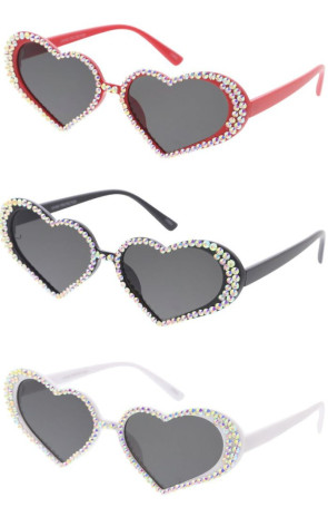 Rhinestones Plastic Frame Thick Edge Smoke Lens Heart Wholesale Sunglasses