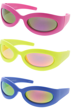 Neon Thick Rimmed Mirrored Lens Round Wraparound Goggle Sporty Wholesale Sunglasses