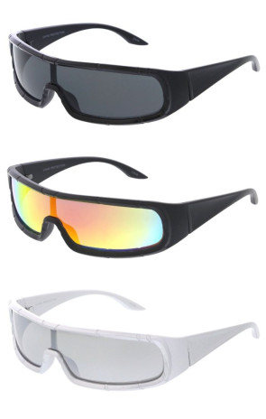 Futuristic Cyberpunk Sleek Slim Frame Stripe Indent Pattern Curved Sporty Shield Sunglasses