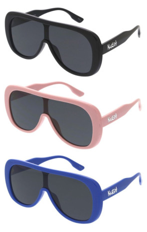 KUSH Oversized Thick Rimmed Tapered Arm Round Aviator Shield Wholesale Sunglasses