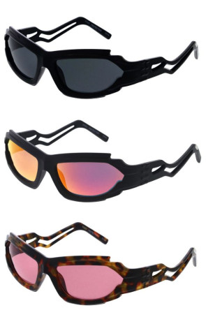 Sleek Zig Zag Cutout Arms Metal Tip Accent Jagged Frame Sporty Wholesale Sunglasses