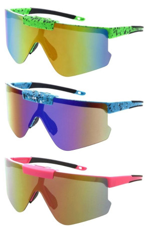 Adjustable Active Semi-Rimless Paint Splatter Pattern Flip Up Mirrored Lens Sporty Shield Wholesale Sunglasses