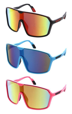 Active Two Tone Striped Frame Mirrored Lens Sporty Goggle Shield Wholesale Sunglasses