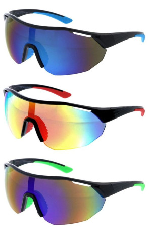 Large Semi Rimless Cutout Mirrored Lens Two Tone Arm Active Sporty Wraparound Shield Wholesale Sunglasses