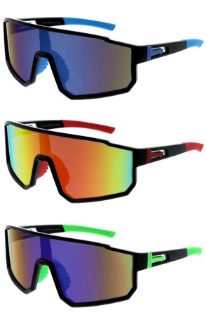 Cutout Arm Accent Mirrored Lens Two Tone Arm Geometric Active Sporty Shield Wholesale Sunglasses