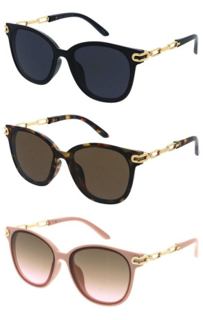 Luxe Chic Gold Chain Temple Accent Semi Back Frame Round Horn Rimmed Wholesale Sunglasses