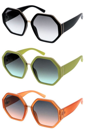 Oversized Metal Lined Frame Temple Accent Geometric Wholesale Sunglasses