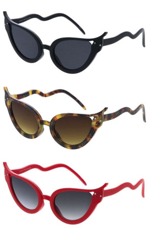 Flirty Rhinestones Decorated Wavy Snake Shaped Cat Eye Wholesale Sunglasses