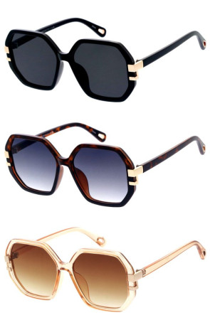 Oversized Retro Plastic Frame Metal Temple Accent Heptagon Geometric Wholesale Sunglasses