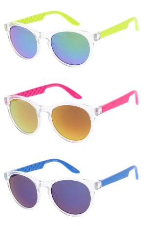 Kids Mirrored Lens Clear Translucent Frame Colorful Textured Arms Wholesale Sunglasses 40mm