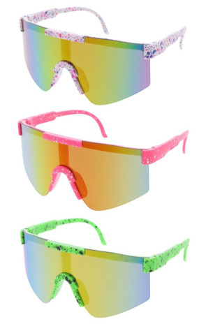 Kids Sporty Semi-Rimless Paint Splatter Mirrored Lens Shield Wholesale Sunglasses