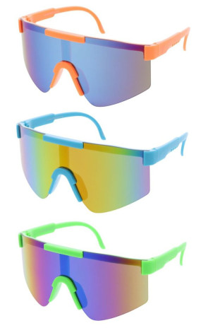 Kids Sporty Semi-Rimless Neon Mirrored Lens Shield Wholesale Sunglasses