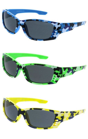 Kids Camo Wraparound Cutout Frame Square Boys Sporty Wholesale Sunglasses
