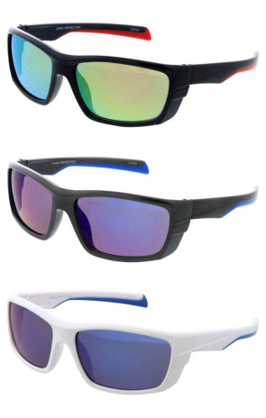 Kids Sleek Active Two Tone Arm Mirrored Lens Sporty Wraparound Boys Wholesale Sunglasses