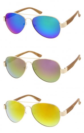 Classic Mirrored Gold Metal Crossbar Frame Wooden Arms Aviator Wholesale Sunglasses