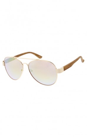 Classic Gold Thin Metal Crossbar Frame Wooden Arms Aviator Wholesale Sunglasses